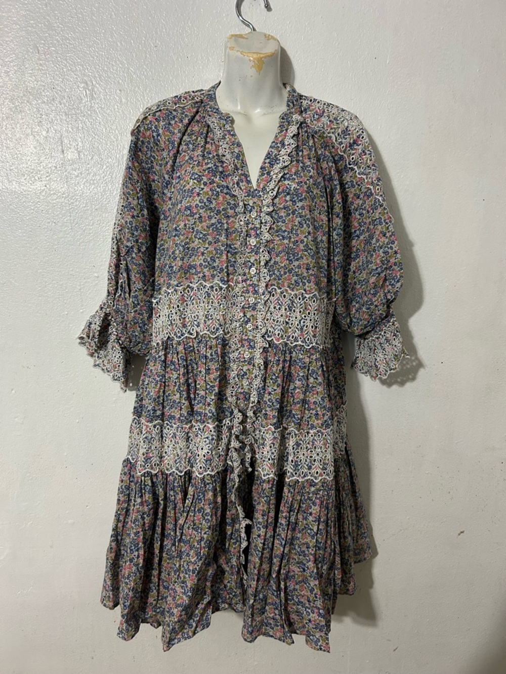 by timo Boho Floral Lace-Trim Midi Dress in Dusty Blue size M - Picture 2 of 10